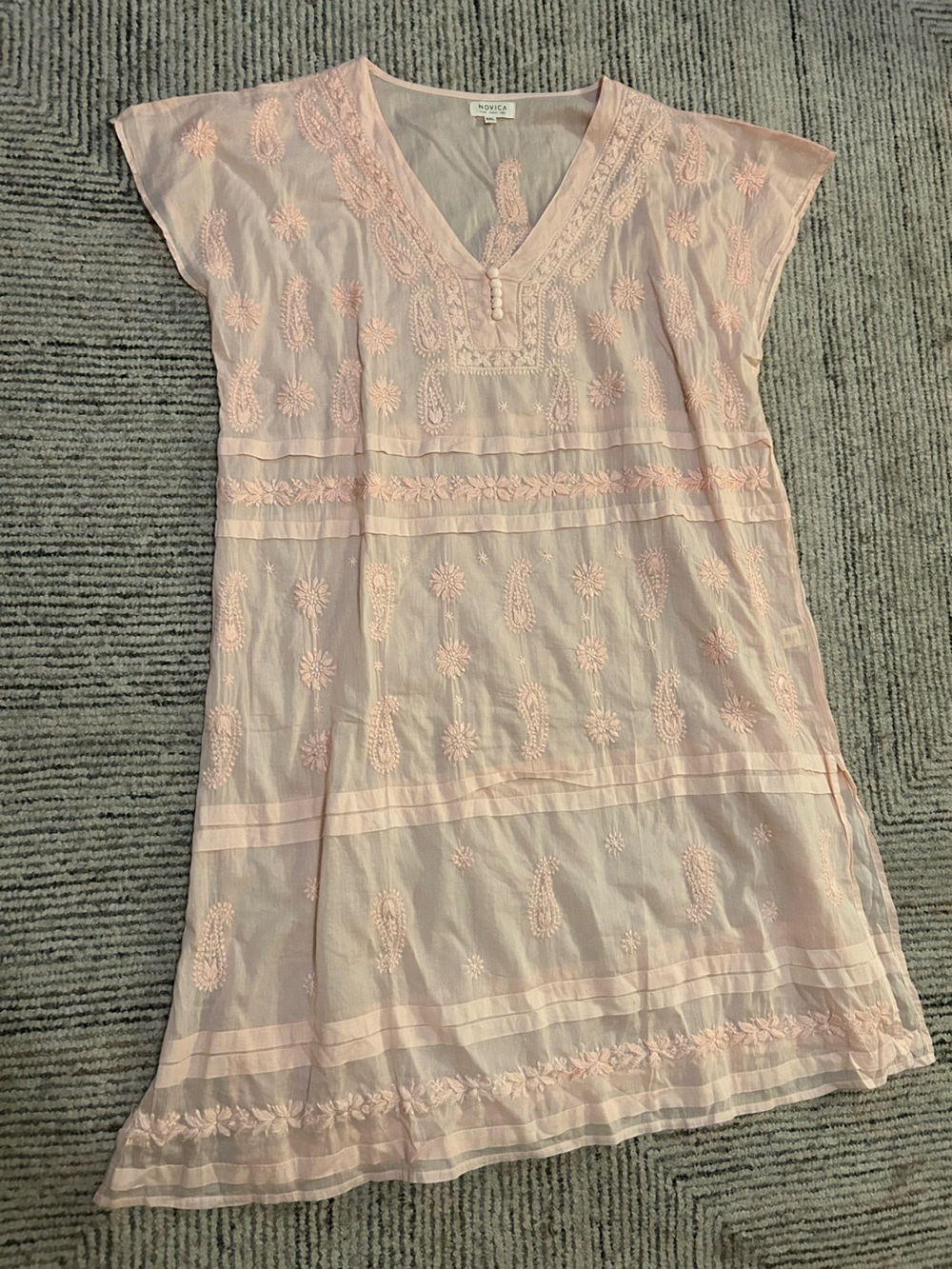 NOVICA Light Pink Embroidered V-Neck Dress XXL 2X Boho Romantic